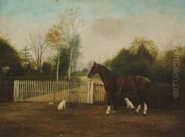 Portrait Of A Saddled Bay Horse With Two Terriers Oil Painting by Frederick, Fred French