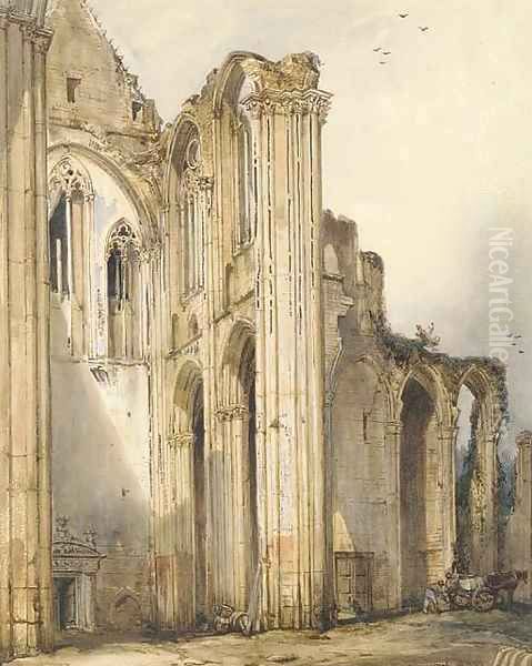 Labourers loading a cart in the ruins of the Benedictine abbey of St. Vandrille Oil Painting by William Callow