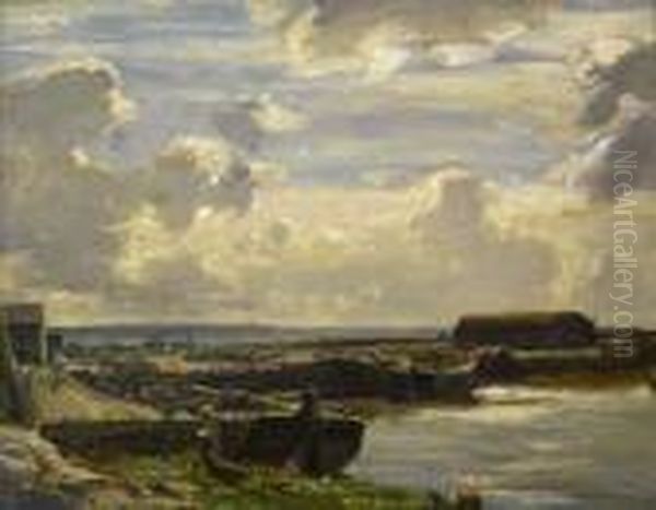 A River Quayside Oil Painting by Arthur A. Friedenson