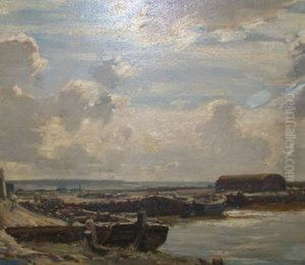 A River Quayside Oil Painting by Arthur A. Friedenson