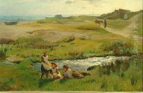 Children Picking Primroses, A View Of Runswick Bay Beyond Oil Painting by Arthur A. Friedenson