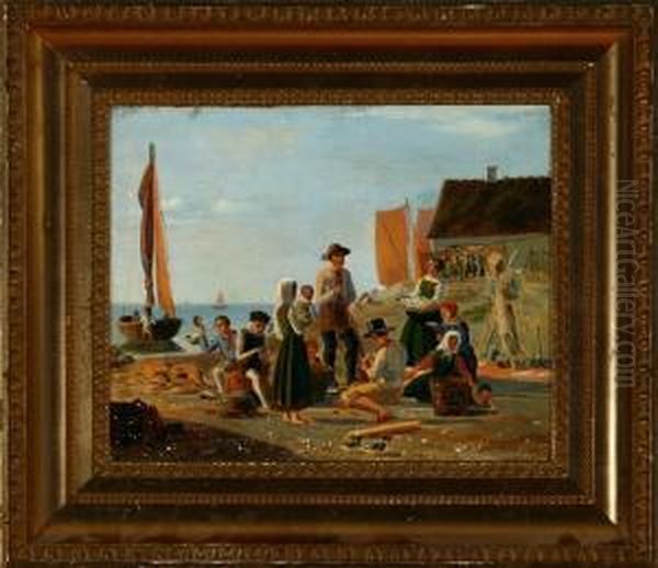 Fishermen Gathered Around The 
Catch Of The Day. Unsigned. Inscribed Verso J. Fritlaender. Oil On Canvas
 Mounted In Board. 23 X 28 Cm Oil Painting by Julius Friedlaender