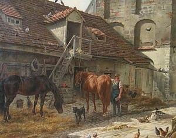 Vor Einem Stallgebaude Bauer Mit
 Zwei Pferden Und Hund. Unten Rechts Signiert Und Datiert A. Friedrich 
1870 Oil Painting by Gustav Adolf Friedrich