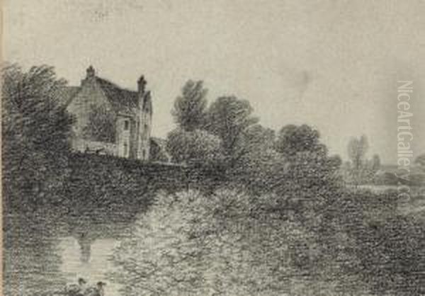 Cattle By A Barn; A Track 
Through Woodland; And A Manor House Beside A River By Moonlight 
(illustrated) Oil Painting by George Frost