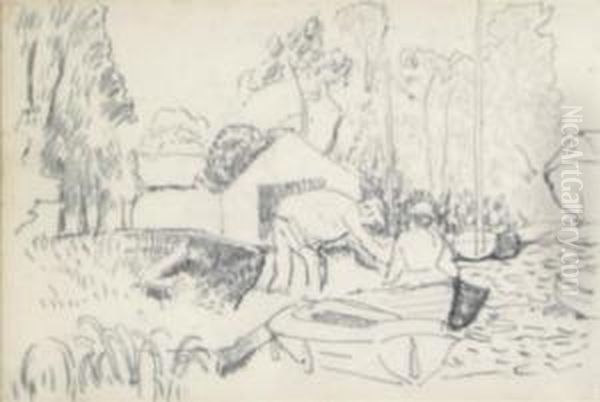 East Anglian Landscape With Rowboats And Figures Oil Painting by Roger Fry