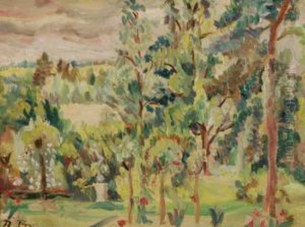 Garden Scene In Summertime With Statue In The Foreground Oil Painting by Roger Fry