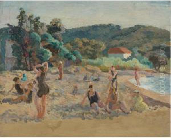 Beach At St. Tropez With Bathers Oil Painting by Roger Fry