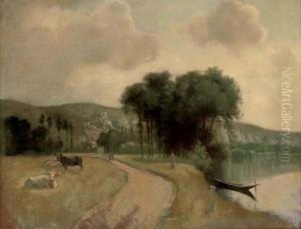 River Scene, Punt In A Stream Oil Painting by Roger Fry