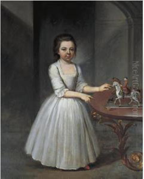 Portrait Of A Young Girl, 
Wearing A Grey Satin Dress, Standing By An Elaborate Roccoco Table With A
 Toy Soldier And Model Horses Oil Painting by Thomas Frye