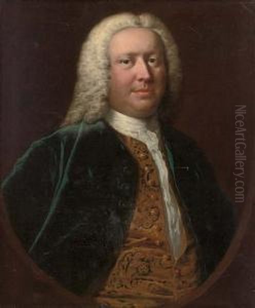 Portrait Of Henry Crispe Of 
Catton (b.1687), Bust-length, In A Blue Velvet Coat And Gold Embroidered
 Waist-coat, Feigned Oval Oil Painting by Thomas Frye