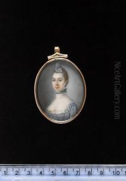 A Lady, Wearing Blue Dress With 
White Lace Decoration, Matching Ribbon Choker And Aigrette With White 
Feather, Blue Earring Decorated With Diamonds. Oil Painting by Thomas Frye