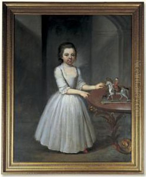 Portrait Of A Young Girl, 
Wearing A Grey Satin Dress, By An Elaborate Roccoco Table With Toy 
Soldiers Oil Painting by Thomas Frye