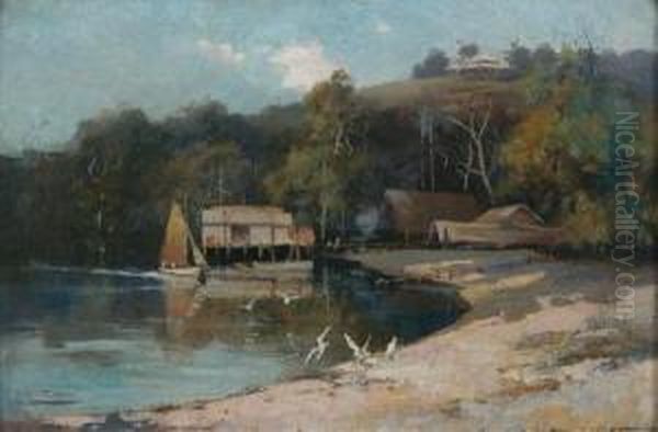 Bayside Scene With Boats And Buildings Oil Painting by Albert Henry Fullwood