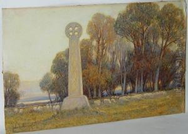 Sheep Grazing By A Celtic Cross Oil Painting by John Fullwood