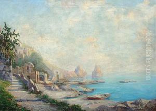 Capri: Strandmotiv Mit Treppe Und 'faraglioni' Oil Painting by Vincenzo Funiciello