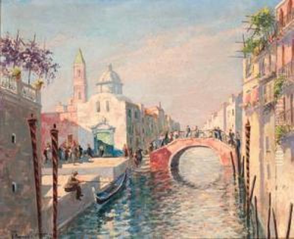 A Venetian Backwater Oil Painting by Vincenzo Funiciello