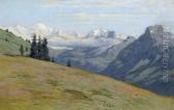 Gebirgspartie Mit Alpenkette. Oil Painting by Francois Furet
