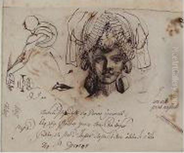 The Artist's Wife (?) With 
Artistically Dressed Hair With Supplement Studies Of An Eye, A Mouth And
 A Figure From The Back - Oil Painting by Johann Henry Fuseli