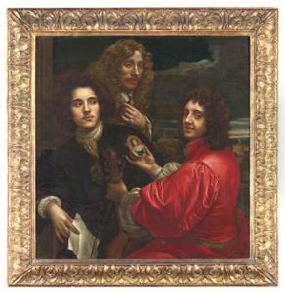 Group Portrait Of Three 
Gentlemen, Half-length, One In A Reddoublet Holding A Viola Da Gamba In 
One Hand And A Miniatureportrait In The Other, The Second In A Brown 
Coat With A Silkcravat, Holding A Letter, The Last Holding Up A Medal 
From A Chain Oil Painting by Anton Domenico Gabbiani