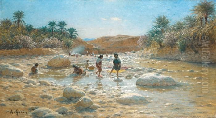 Lavandieres Au Bord De L'oued Oil Painting by Antoine Gadan