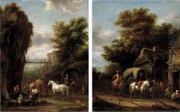 A Rocky Landscape With 
Travellers At A Forge; And A Wooded Landscape With Horsemen Halting At 
An Inn Oil Painting by Barent Gael