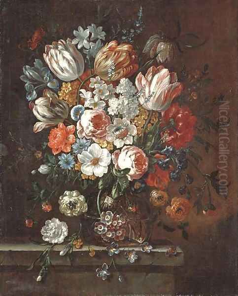 Roses, parrot tulips, an iris, narcissi and other flowers in a glass vase on a stone ledge Oil Painting by Pieter Casteels