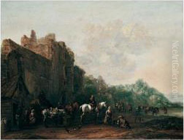 Travellers And Pack Animals 
Resting Before A Ruined Building, A Drover Watering His Cattle Beyond Oil Painting by Barent Gael