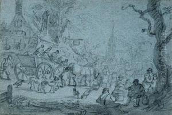A Horse-drawn Cart With 
Travellers In A Village, Peasants Drinkingby A Tree, A Church Beyond 
(recto); Study Of Two Figures On A Cart(verso) Oil Painting by Barent Gael