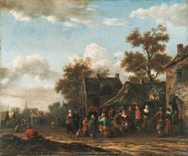 Travellers And Peasants By A 
Booth, Houses And A Church Beyond; Andpeasants Merrymaking In A Village 
Street, With A Dovecote, An Innand A Church Beyond Oil Painting by Barent Gael