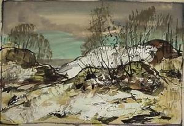 Early Spring Landscape- Gouache 
On Paper, Estate Stamped On Verso, Paper Slightly Age Toned Otherwise 
Very Good Condition. 6 X 8'' Oil Painting by Carl Frederick Gaertner