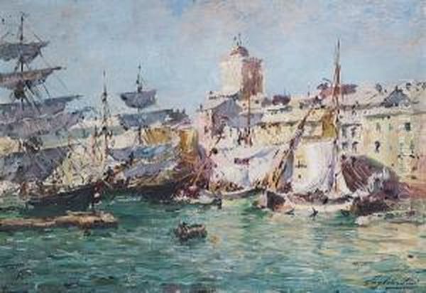 Boats In The Harbour At Savona, Italy Oil Painting by Gustave Gagliardini
