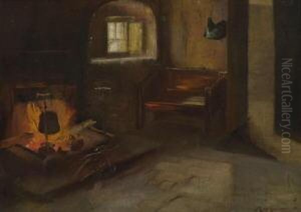 Bauernkuche Mit
 Feuerstelle. Oil Painting by Max Gaisser