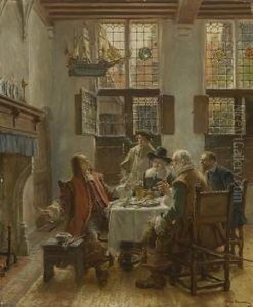 Herrenrunde In Althollandischer
 Stube. Oil Painting by Max Gaisser