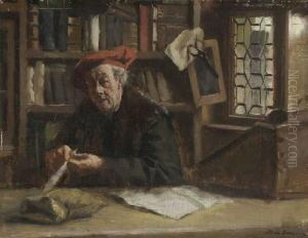 Schreiber Beim Schneiden Des
 Federkiels. Oil Painting by Max Gaisser