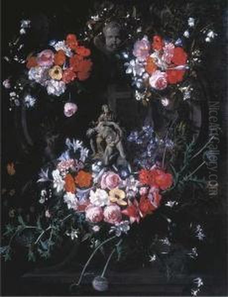 A Trompe L'oeil Relief Of The 
Pieta In A Stone Carved Tondo,surrounded By Festoons Of Flowers And 
Thistles Oil Painting by Hieronymus Galle I