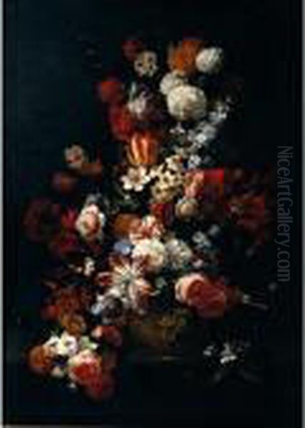 Still Life Of Tulips, Roses, 
Narcissi, Chrysanthemums, Carnations, Orange Blossom And Irises In A 
Gilt Urn Oil Painting by Hieronymus Galle I