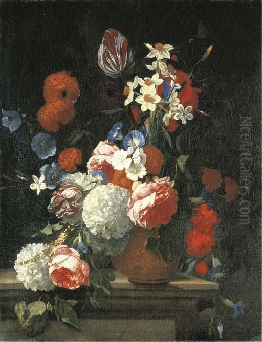 Tulips, Peonies, Morning Glory, 
Narcissi And Other Flowers In A Decorated Vase On A Ledge Oil Painting by Hieronymus Galle I