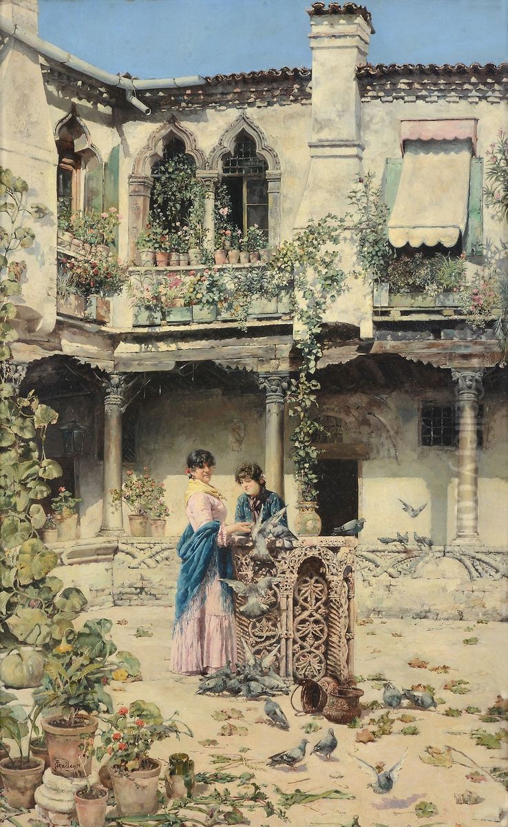 Feeding The Pigeons Oil Painting by Jose Gallegos Y Arnosa