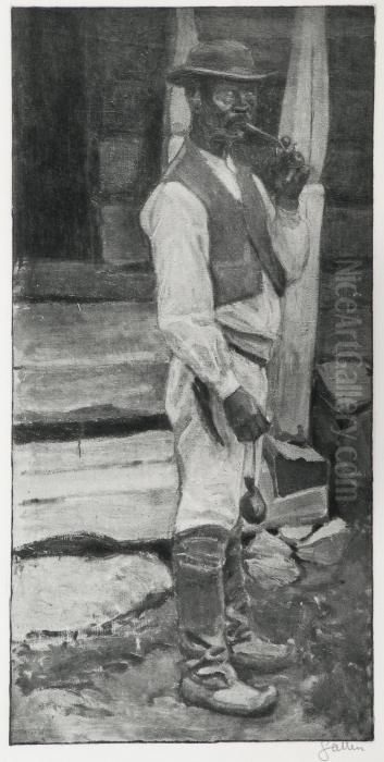 Smoking A Pipe Oil Painting by Akseli Valdemar Gallen-Kallela