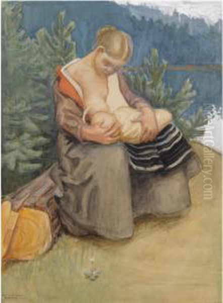 Aiti Ja Lapsi (mother And Child) Oil Painting by Akseli Valdemar Gallen-Kallela