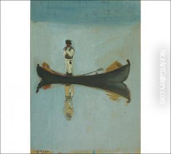 Man In A Rowing Boat (cigarette Break In A Summer Morning) Oil Painting by Akseli Valdemar Gallen-Kallela