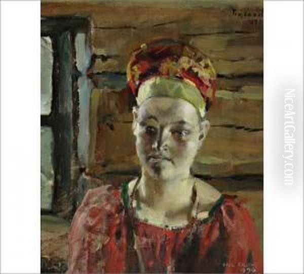 Woman In Karelian Dress Oil Painting by Akseli Valdemar Gallen-Kallela