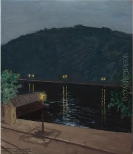 Oinen Donau Joki (night Lights Reflecting Off The Danube, Budapest) Oil Painting by Akseli Valdemar Gallen-Kallela