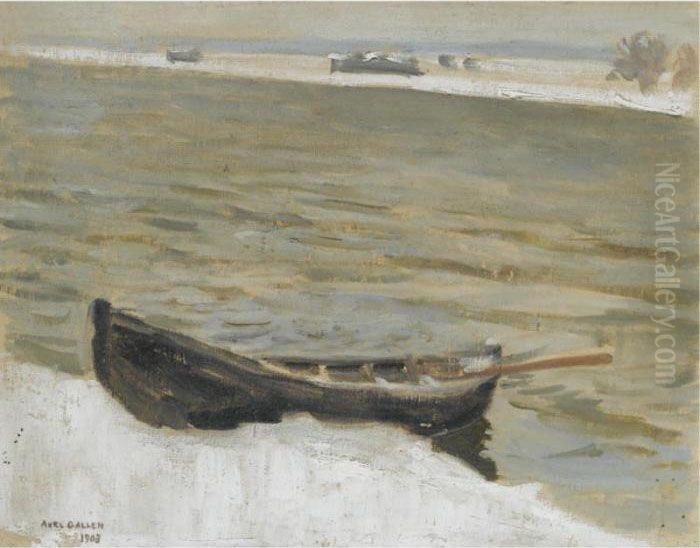 Vene Rannassa (boat Moored On A River Bank) Oil Painting by Akseli Valdemar Gallen-Kallela