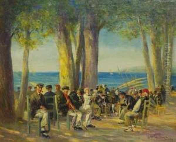 Reunion Cotidiana De Viejos Marineros En El Paseo De San Feliu De Guixols Oil Painting by Baldomero Galofre Y Gimenez