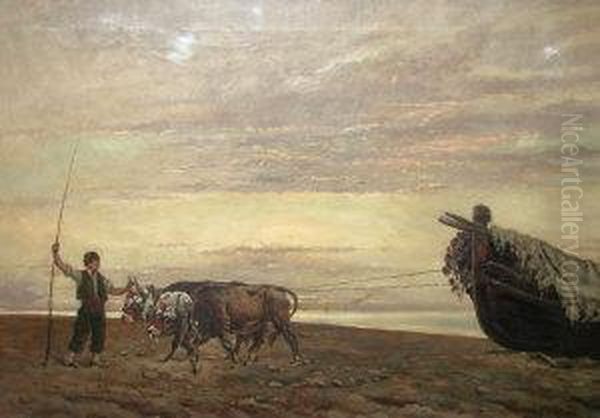 Follower Of Baldomero Galofre Y 
Gimenez, Spanish -- Fisherman With Oxen And A Beached Vessel Oil Painting by Baldomero Galofre Y Gimenez