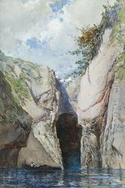 Capri - Fischerboot Vor Einem
 Grotteneingang. Oil Painting by Baldomero Galofre Y Gimenez