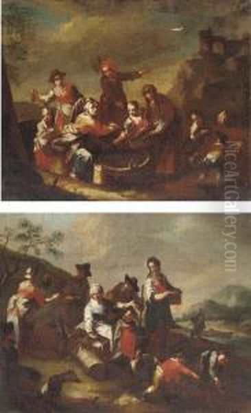 Peasants Selling Fish In A 
Landscape; And Peasants Selling Wine And Chickens In A Landscape Oil Painting by Giuseppe Gambarini