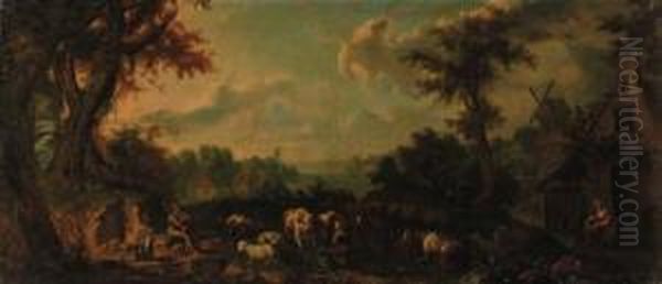 A Milkmaid With Cattle And Sheep
 In An Extensive Wooded Riverlandscape; And Figures With Cattle, Sheep 
And Goats Before Acottage Oil Painting by Giuseppe Gambarini