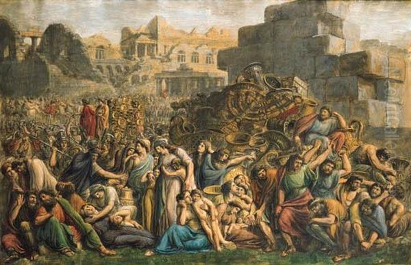 La Continence De Scipion Devant 
Les Murailles D'une Ville, Desesclaves Construisant Un Mur Dans 
L'arriere Plan; Et La Destructiondu Temple De Jerusalem Oil Painting by Jacques Gamelin